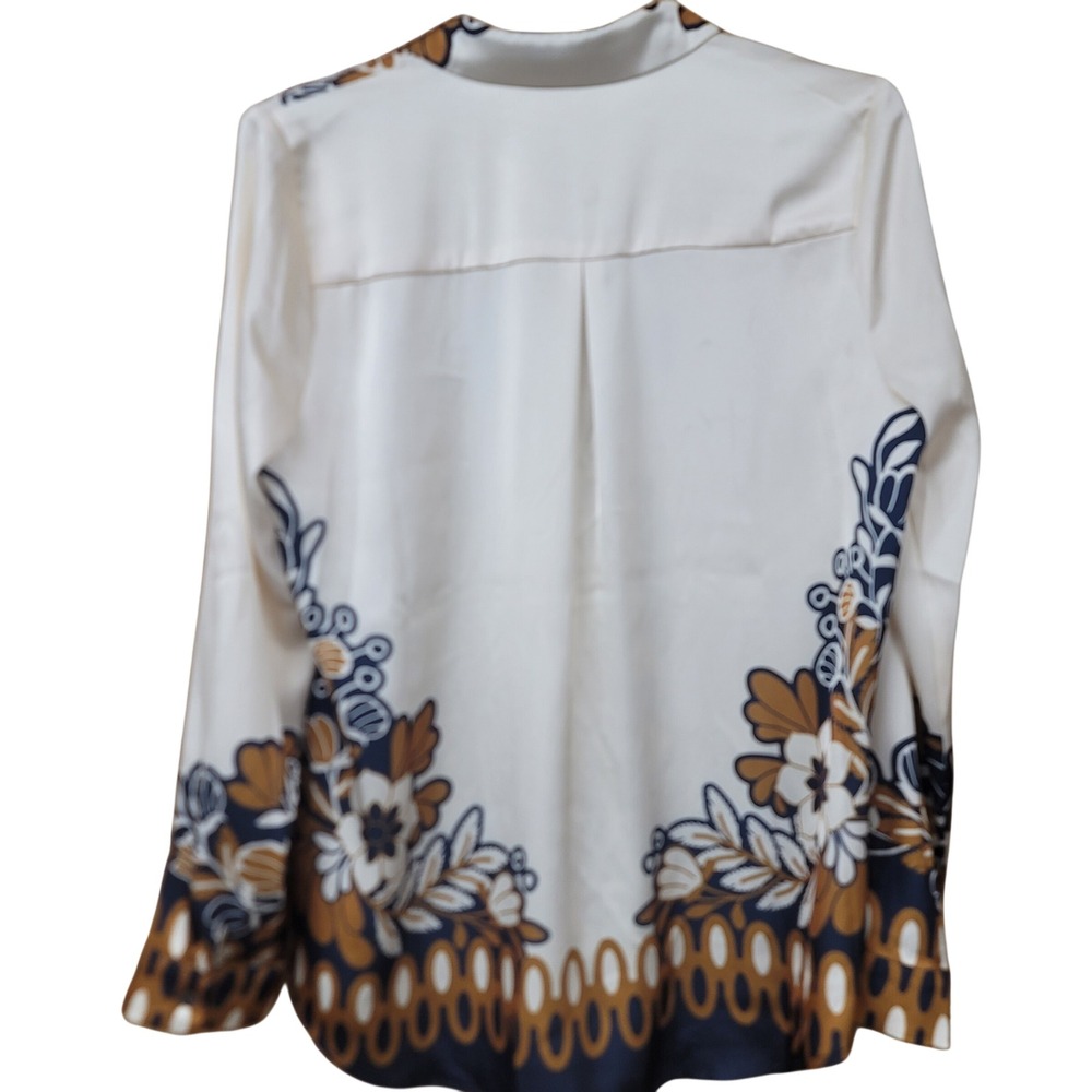 Skies Are Blue Boho Ivory Navy Gold Floral Scarf Print Button Down Blouse M